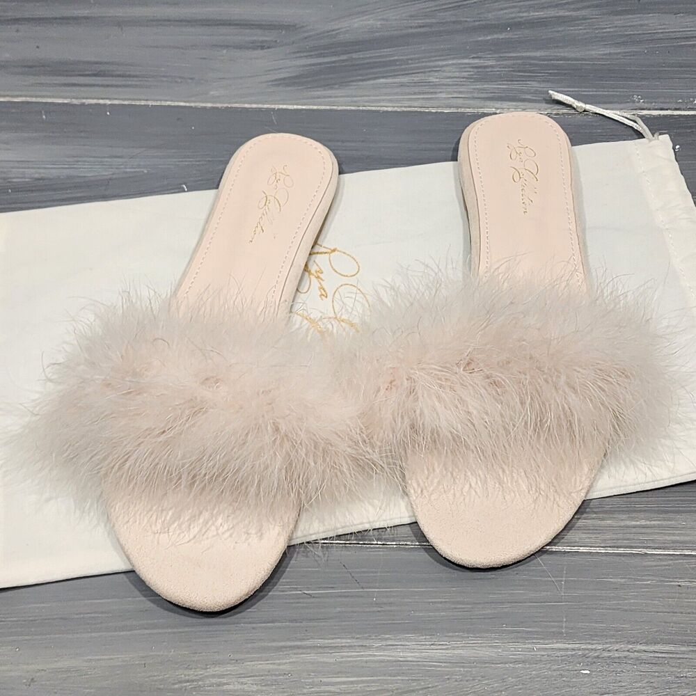 Rya Collection Feather Trimmed Slippers Champagne Pink‎ XL